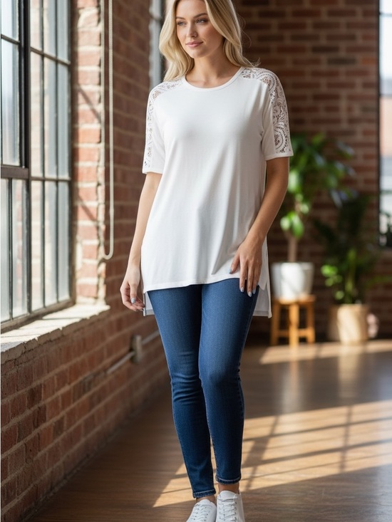 Zenana Outfitters Tops - Zenana Outfitters White Lace Shoulder Tunic